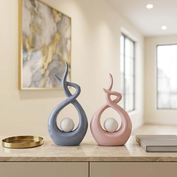 Pink White Modern Sculpture Table Decorations, Ceramic Knick Knacks Statues for Living Room Decor, Tv Stand and Desk Decor, Suitable for Coffee Tables and Shelf Decorations, Great Gift Idea