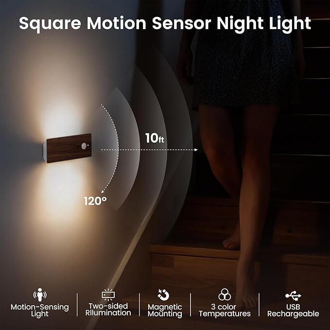 Wooden Motion Sensor Night Light, LED Backlit Nightlight, Rechargeable Light with Two-Sided Glow for Decor, Magnetic Stick-on, 3CCT Dimmable Lights for Hallway, Bedroom, Stairs, Black Walnut