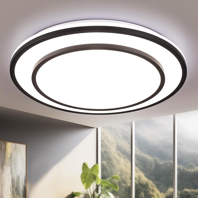 Black LED Flush Mount Ceiling Light Fixture 5CCT, Dimmable Light Fixture Ceiling Mount 16" 24W, Overhead Modern Close to Ceiling for Living Room, Foyer, Kitchen, Bedroom