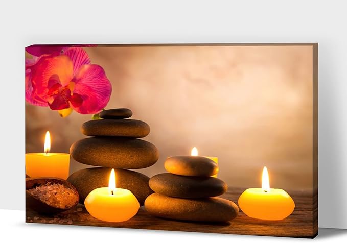 Zen Wall Art Decor, Modern Bathroom Zen Decor Wall Art, Large Zen Relaxing Canvas Wall Art for Spa Room Decor, Black Pebble and Lighted Candles Zen Art Prints for Office & Spa Wall Decor 32x48 Inches