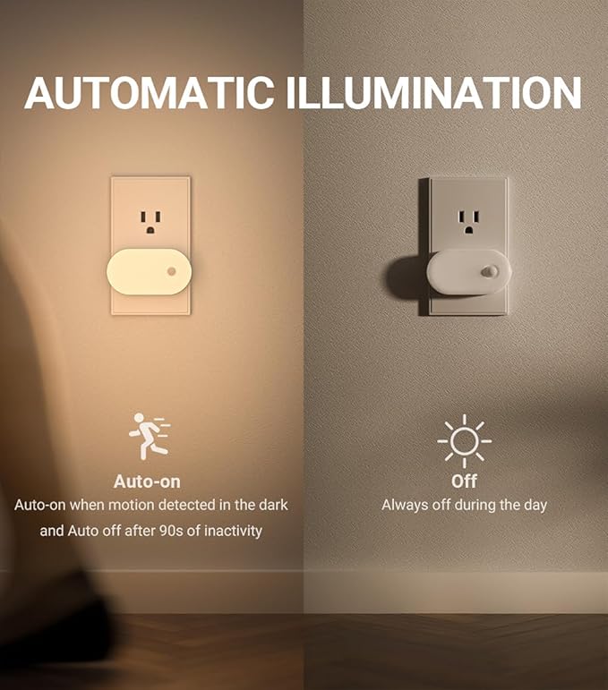 Lyridz 120LM Ultra Bright Plug-in Motion Sensor Night Light, Stepless Dimmable LED Nightlight, Always-On and Auto-Off, for Hallway, Stairs, Bathroom, Bedroom, Garage, Warm White (6-Pack)