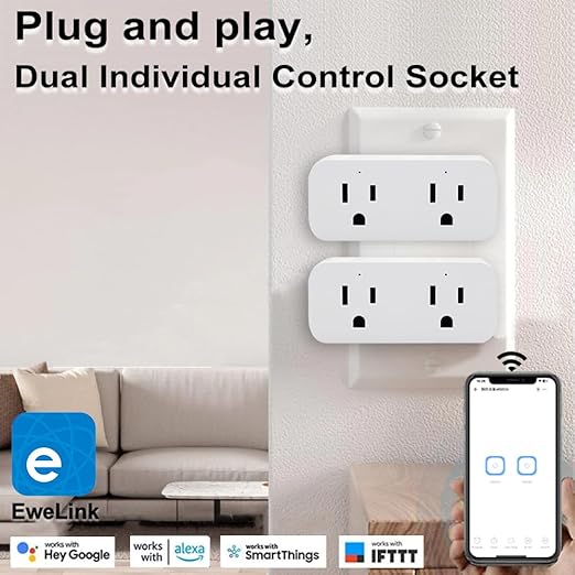 Ewelink 16a WiFi Smart Plug, App Remote Control Timer Outlet Power Socket with 2.4Ghz Transmitter, 2-in-1 Compact Design, Compatible with Alexa,Google Home, SmartThings