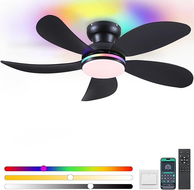 PHORUS 42" Black RGB Ceiling Fans with Lights and Remote/APP,Low Profile Ceiling Fans with Quiet Reversible DC Motor,Small Modern Flush Mount Ceiling Fan Light for Bedroom Kids Room