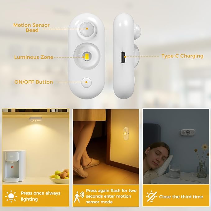 LED Motion Sensor Puck Lights, Small Rechargeable Under Cabinet Light, Dimmable Warm White Closet Lights, Wireless Under Cabinet Lighting for Drawer, Kitchen (4 Pack, White)