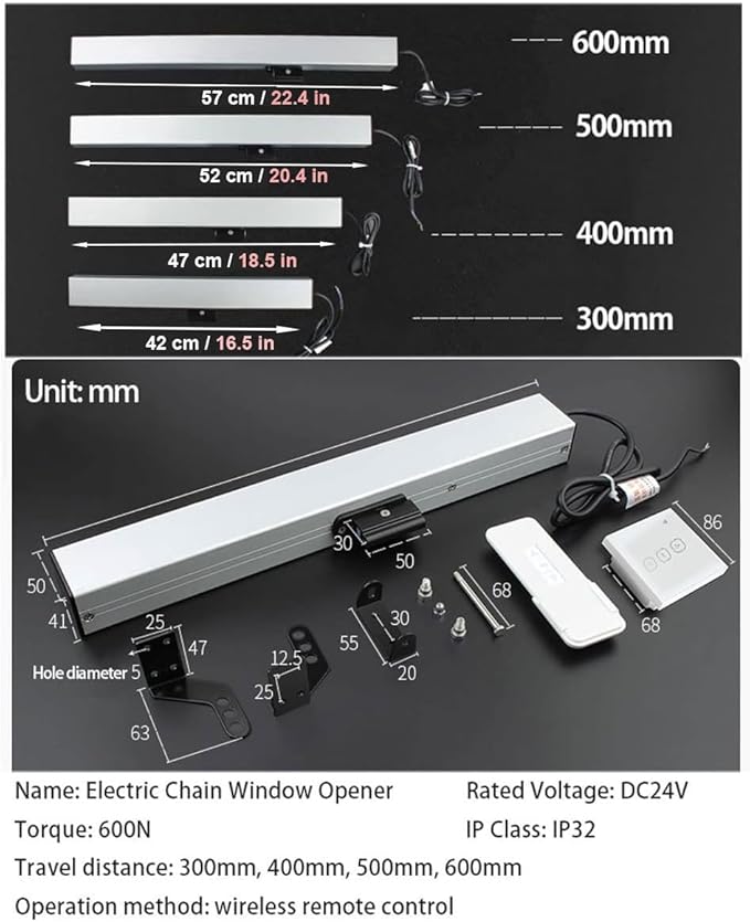Electric Window Opener, DC24V, Window Control System - Automatic Chain Motorized Opener for Casement Windows, Skylights, Roof Vent, Stroke: 300mm, 400mm, 500mm, 600mm, Torque 600N (Size : 400mm)
