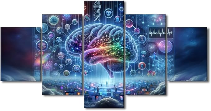 5 Panel Wall Art for Living Room Digital Brain Canvas Wall Art for Bedroom Artificial Intelligence Picture for House Wall Decor Human Brain Posters for Room Neural Network Prints Wall Decor 60"Wx32"H