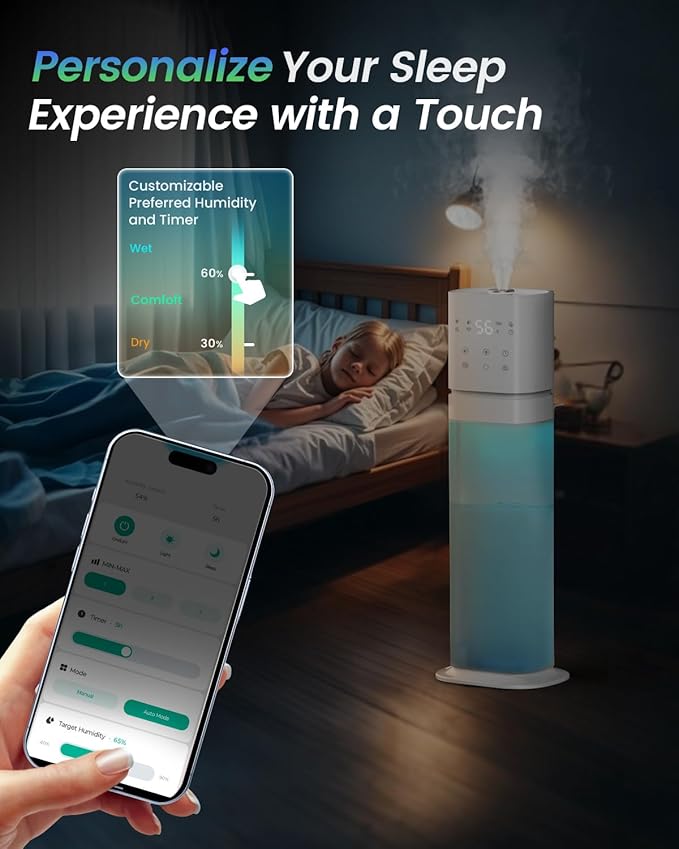 Smart Humidifier Large Room, 2.1Gal/8L Humidifiers for Bedroom with Extended Tube&Night Light, Whole House Cool Mist Humidifiers, WIFI App&Voice Control, School/Office/Warehouse, White