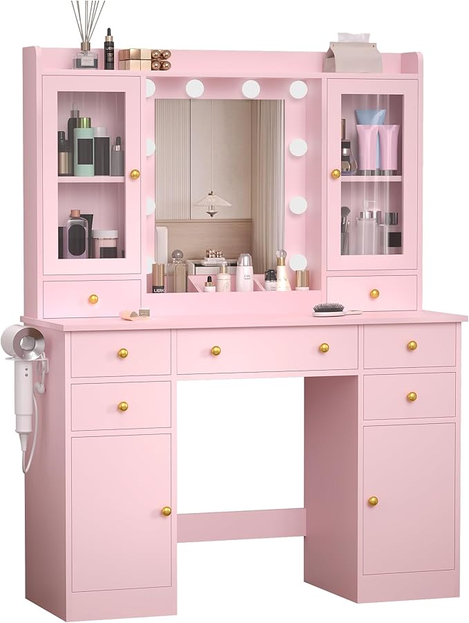 Vanity Desk with Mirror and Lights, 43" Pink Makeup Vanity Set with 5 Drawers & Glass Cabinets, Makeup Tray, Power Outlet & Adjustable LED Lights, Dressing Table for Women & Girls Bedroom