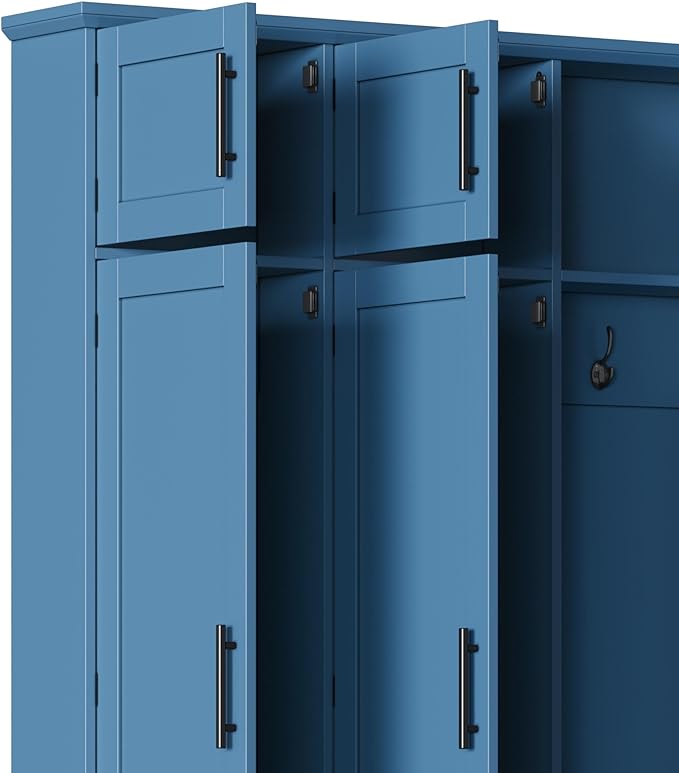 Hall Tree with Entryway Bench and Shoe Cabinet, Multi-Functional Seating Bench with 4 Hanging Hooks and 8 Doors, Blue