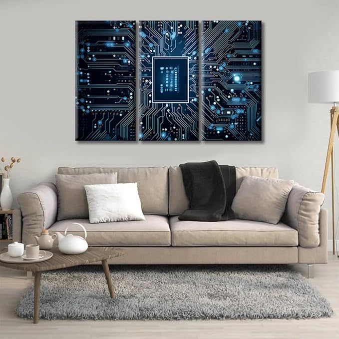 3 Pieces Computer Processors CPU Wall Art Canvas Circuit Network Pictures Wall Painting for Bedroom Wall Art for Living Room Modern Home Decor Office Posters Framed Wall Art (42" Wx28 H)