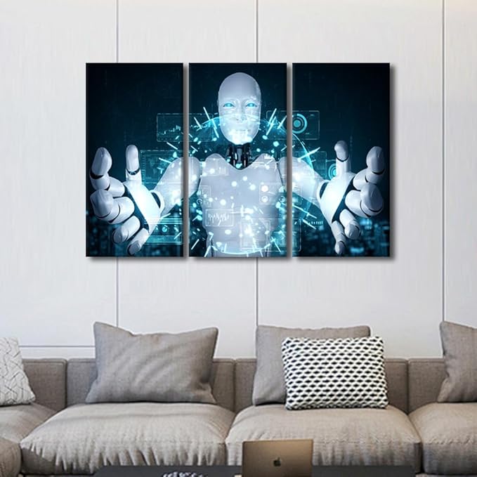 TUMOVO Wall Decorations for Living Room Robot Pictures Paintings Canvas Print 3 Panels Wall Art AI Intelligence Canvas Wall Art Modern Artwork Stretched and Framed Ready to Hang, 42" Wx28 H