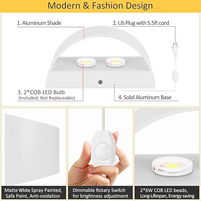 Lightess Plug in Wall Sconces 12W Modern LED Wall Light Dimmable Indoor Up Down Wall Lamp for Bedroom Living Room Hallway Staircase, Warm White