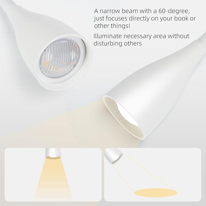 Wall-Mounted LED Bedside Reading Light with USB Charging Port, 10-Level Dimmable & Adjustable 5 Color, Plug-in Adhesive Night Lamp for Books in Bed, Eye-Caring Bedroom Lighting (White)
