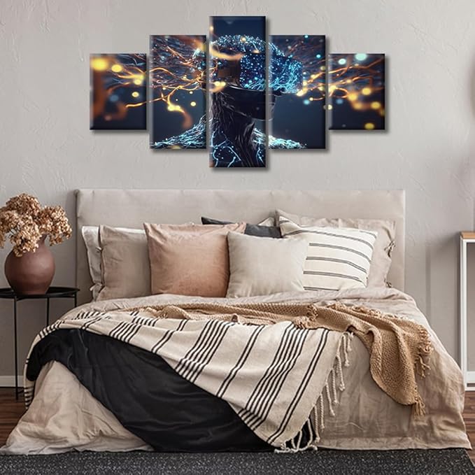 Cyborg Science Brain with Neurons Canvas Wall Art Brain Neural Human Head Posters & Prints Artwork Contemporary Home Decor Stretched Canvas Picture for Living Room Bedroom Home Office, (60" Wx32 H)