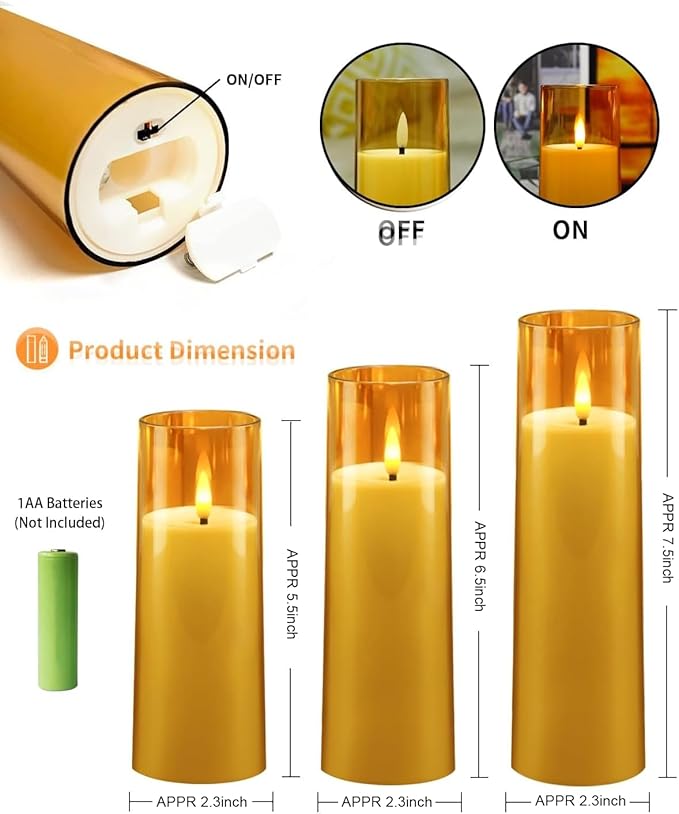 Flickering Flameless Candles Battery Operated with Remote and 2/4/6/8 H Timer Acrylic Led Pillar Candles Pack of 9 (appr D2.3"xH5.5"6.5"7.5")with Realistic 3D Wick Candles for Home Decor(Gold)