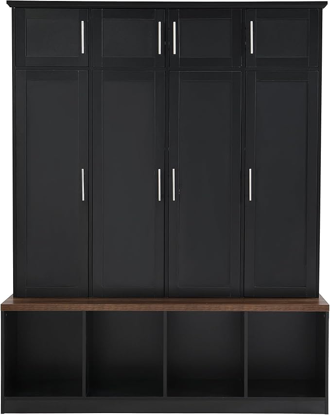Multi-Functional Hall Tree with 4 Hidden Hanging Hooks, Brown Wood Grain Bench with Multiple Storage Space, Entryway Cabinet with Open Compartments for Living Room, Hallway (Black-15.6)