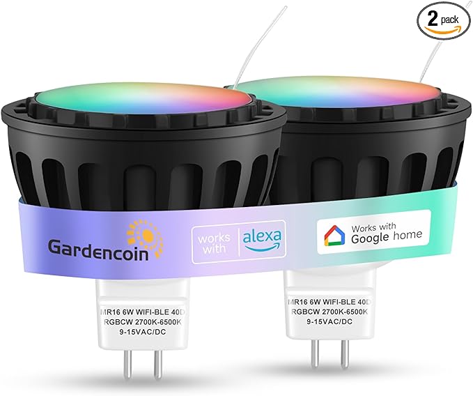 Gardencoin MR16 LED Bulb Color Changing, RGBCW Smart GU5.3 LED Bulbs Dimmable, 6W 12V Bi-Pin Base, Spotlight Bulbs Replacement for Halloween & Christmas Outdoor, WiFi Bluetooth Control (2 Pack)