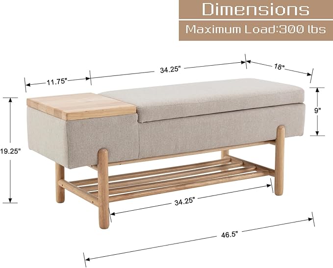 Modern Entryway Storage Bench, Upholstered Shoe Ottoman Bench, Flip-Top End of Bed Bench with Wood Shelf/Coffee Table for Living Room/Bedroom/Hallway/Under Window,46.5 Inches,Beige Linen