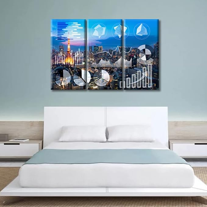 TUMOVO 3 Pieces Currency Business and Market Charts Artwork Home Decor Trading Graph on The Cityscape at Night Background Artwork Wall Art for Living Room Framed Ready to Hang (42" Wx28 H)