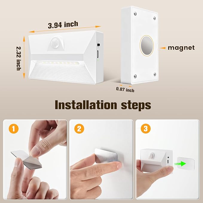 VOLISUN Motion Sensor Stair Light Rechargeable 2 Pack, Night Lights 3 Modes & 3 Color Temperatures, Magnetic Rechargeable Stick-On Lights for Stairs, Hallway, Cabinet(White)