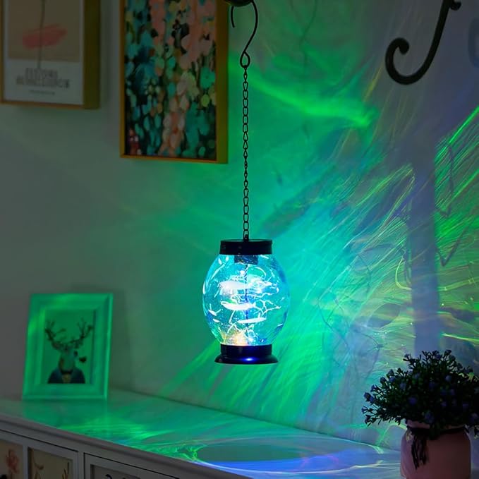 Solar Hanging Lanterns Outdoor, Waterproof Solar Glass Lights, Color Changing Led Lamp Light for Garden Yard Tree Home Xmas Decor, Blue