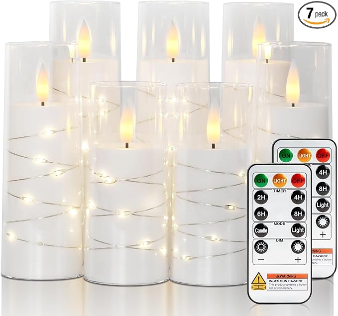 Raycare Flameless Candle with Remote Timer, 7 Flickering Acrylic Battery Operated LED Pillar Candles with Embedded Star String for Valentine's Day, Home Decor, and as a Gift(White)