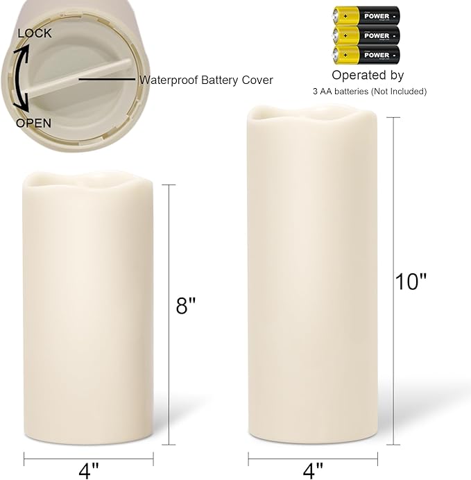 Outdoor Candles with Timer Waterproof, 10” x 4” & 8” x 4” Set of 2 Waterproof Candles with Remote, Large LED Pillar Battery Operated Candle for Outdoor Outside Lartern Porch Patio Decor