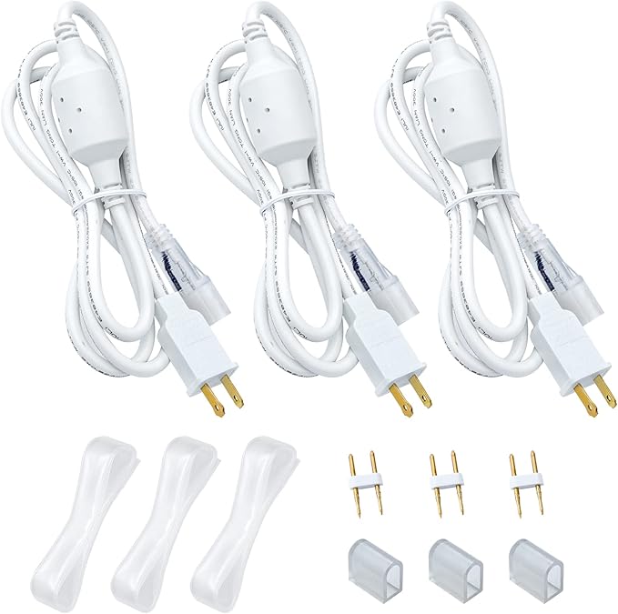 GZBtech 4.92FT Power Cord Connector Kit for 8 * 16mm LED Neon Rope Light,with Pins & End Cap & Heat Shrink Tube Set of 3