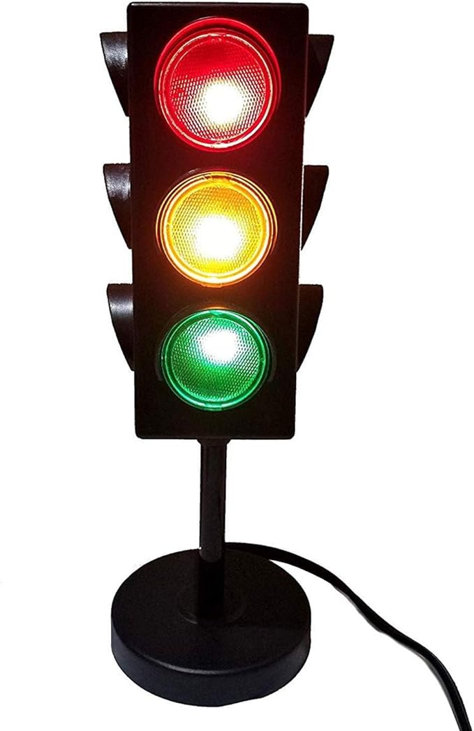 Kicko 11-Inch Traffic Lights Lamp with Base - 4-Mode Color Changing Stop Light Lamp for Kids’ Bedroom, Party Decoration or Playroom - Battery or USB Powered Mini Lighting - Ideal Traffic Light Decor
