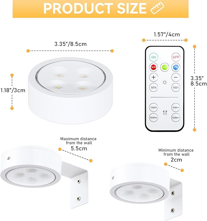 4-Pack Battery Picture Lights, Remote Painting Light for Art Disaplay,Magnetic LED Wall Picture Light, Dimmable & Timer, 3 Lighting Modes Art Display Light for Gallery Dartboard Frame Pictures, White