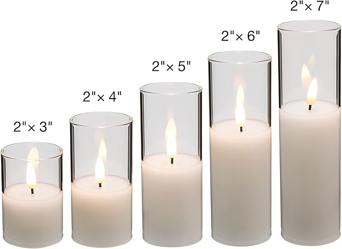 Eywamage Clear Glass Flameless Candles with Remote Batteries, Slim Tall LED Pillar Candles Battery Powered, Set of 5