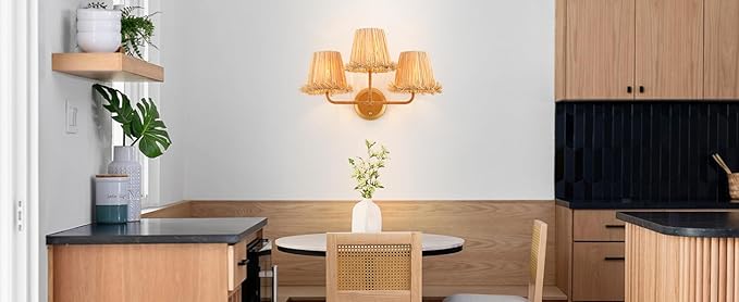 Boho Hand Woven Rattan Wall Sconces 3-Lights Wall Lamp Coastal Brass Wall Lights for Hallway Vanity Bedside Doorway, UL Listed