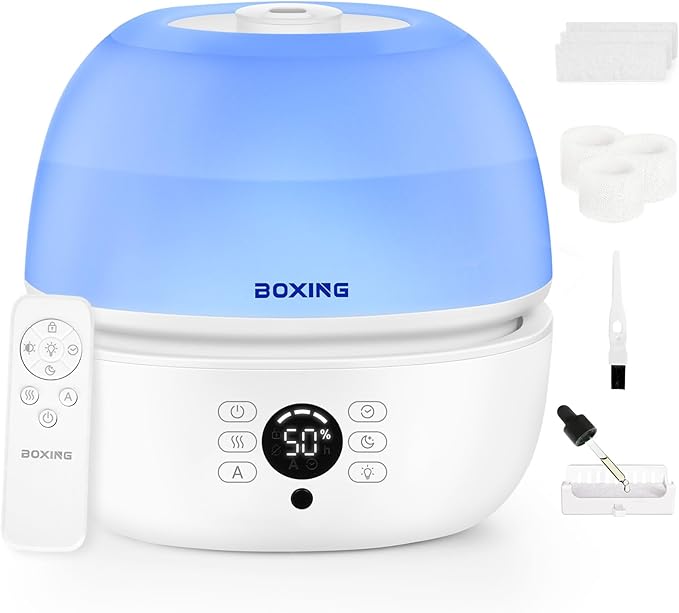 BOXING Top Fill Humidifiers for Bedroom Baby with Humidistat, 20dB Quiet Air Humidifier for Large Room & Indoor Plants with Remote, Cool Mist Diffuser for Home, 7 Color Light, Essential Oil Tray,Timer
