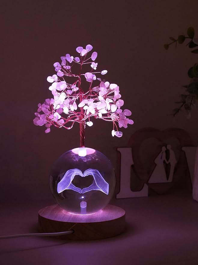 Rose Quartz Crystal Tree of Life for Positive Energy, Chakra Healing Tree with Remote Control Multicolor Night Light for Room, Office, Desk Decor, Pink Gift for Women, Girls (Heart Hands)