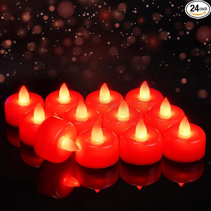 Raycare Red Battery Operated Tea Lights, 24 Pack Long Lasting Fake Candles, Flameless LED Tea Light, Colored Tealights Candles for Votive, Wedding, Table Centerpiece, Aniversary, Halloween, Christmas
