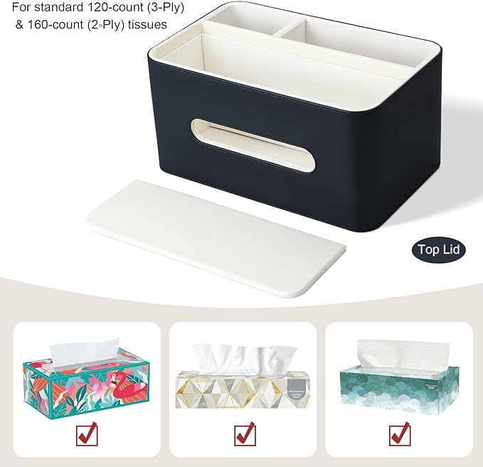 PU Leather Tissue Box Cover Rectangular with Storage Organizer Tray, Multifunctional Remote Control Holder, Desk Organizer for Living Room, Bedroom, Office, Decorative Tissue Holder Black
