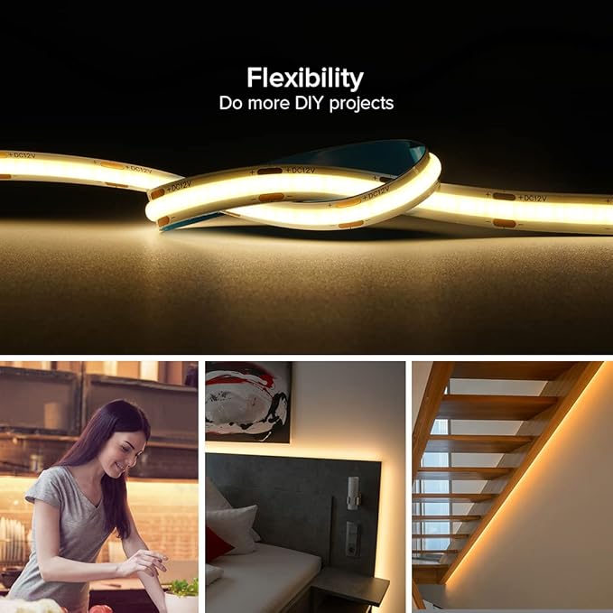 16.4FT COB LED Strip DC12V Warm White Flexible High Density Uniform Bright Light, 480LEDs/m CRI90+ Dimmable 3000K LED Tape for DIY Kitchen Bedroom Home Decor, No Power and Controller