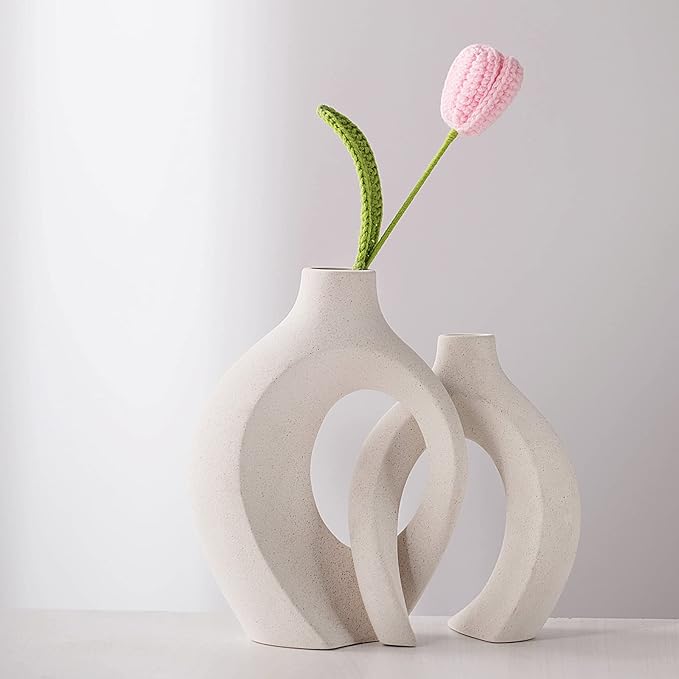 Ceramic Vases for Home Decor Set of 2, Off White Boho Small Flower Vase, Minimalist Decorative Modern Donut Vase for Living Dining Room Office Entryway Book Shelf Coffee Console Table Décor