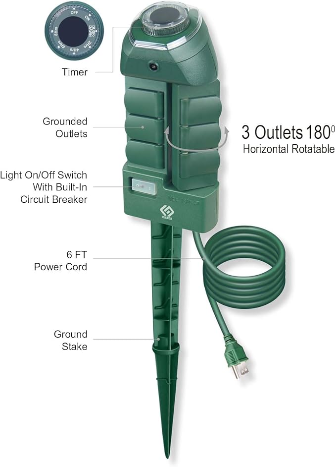Outdoor Power Stake, 6 Grounded Outlets with 180º Rotating Function and Safety Cover, 6FT Cord, UL Listed, Green
