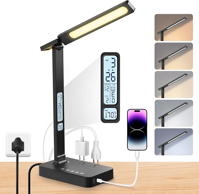 Power Strip with LED Desk Lamp: Table Lamp with Charging Station - 2 Outlets 1 USB-A Ports 1 Type-C Ports, Surge Protection and Led Display, 5ft Extension Cord, 5 Color Modes 5 Brightness