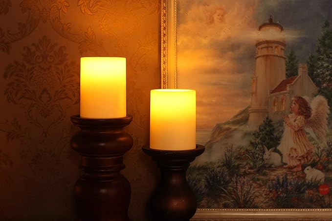 Flameless Outdoor LED Candle Set, Battery Operated Plastic Pillar Led Candle Light with Timer, 3 x 4, Ivory,Pack of 2