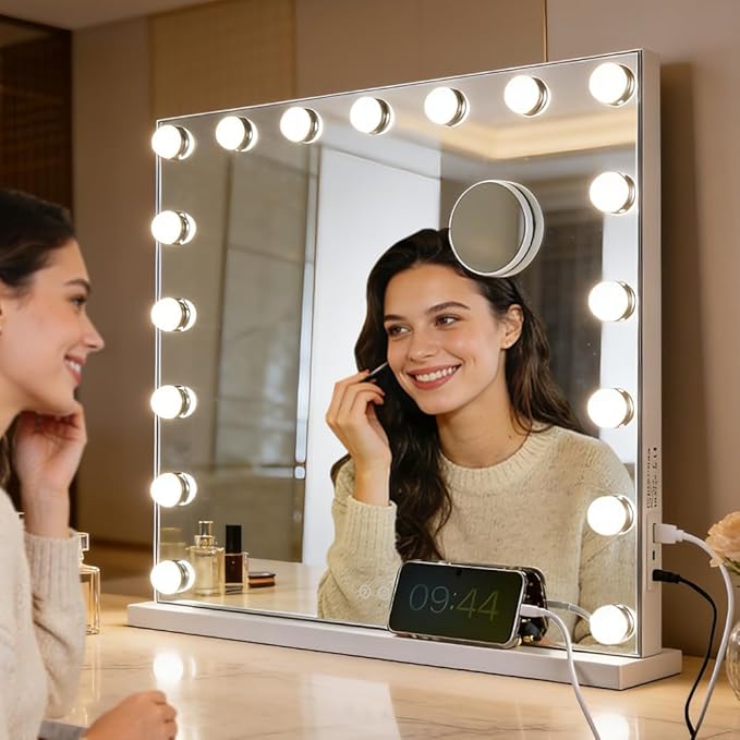 M MIVONDA Large Vanity Mirror with 17 Bulbs Lights, Hollywood Lighted Makeup Mirror for Desk and Wall, Dimmable 3 Lighting Modes, Plug-in & USB Charger Port