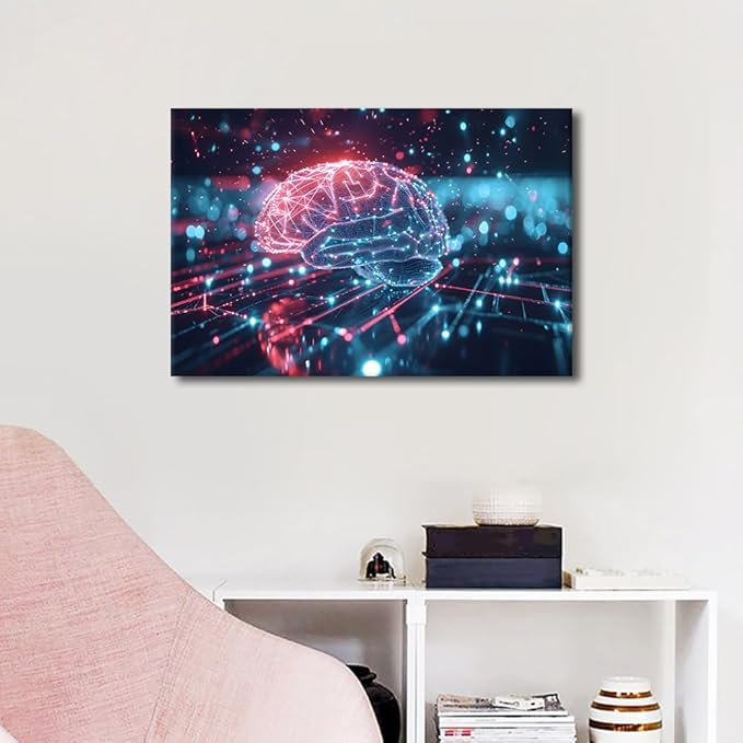 Futuristic Technology Canvas Paintings Wall Art Digital Human Brain Picture House Decorations Bedroom Art Work for Wall Decor Living Room Kitchen Home Decor Frame Ready to Hang 16"Wx24"Hx1 Panel