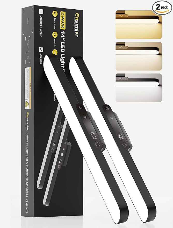 Ensenior Makeup Light, 14 inch Rechargeable Vanity Lights for Mirror with Auto Off Timer Remote Magnetic Stepless Dimming 3CCT 2500mAh Battery, Under Cabinet Lighting Wireless for Kitchen, 2 Pack