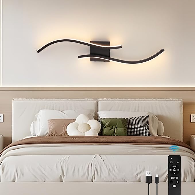 CANEOE Battery Operated Wall Sconces with Remote Control,10000mAh USB Rechargeable Black Wall Light,3000K-6000K LED Wireless Wall Lamp for Bedroom,Hallway,Background Wall,31.5inch,1 Pack