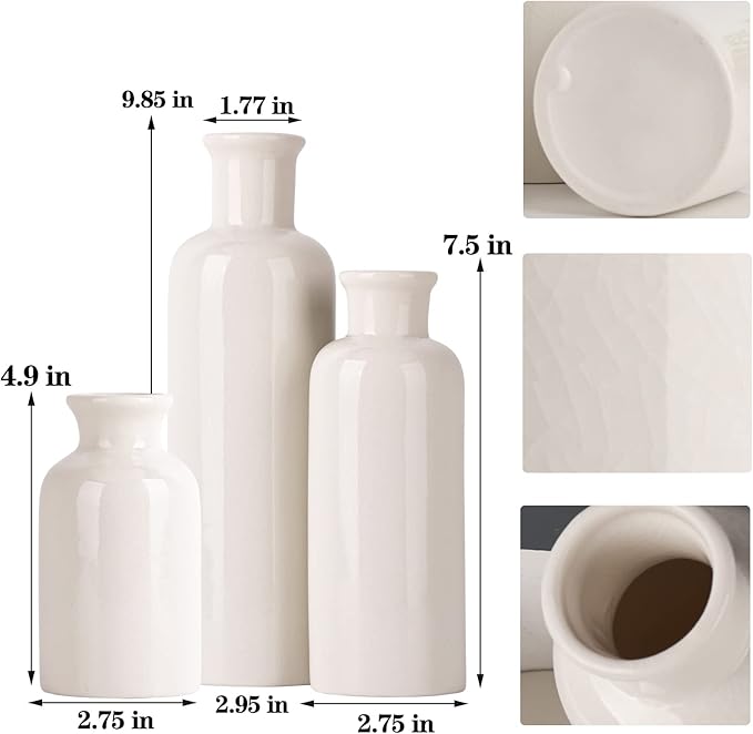 White Ceramic Vase Set - 3 White Small Vases, Farmhouse Country Flower Vase Home Decor, Living Room Decoration, Table Decoration, Fireplace Decor, and Entrance Decorations Centerpieces