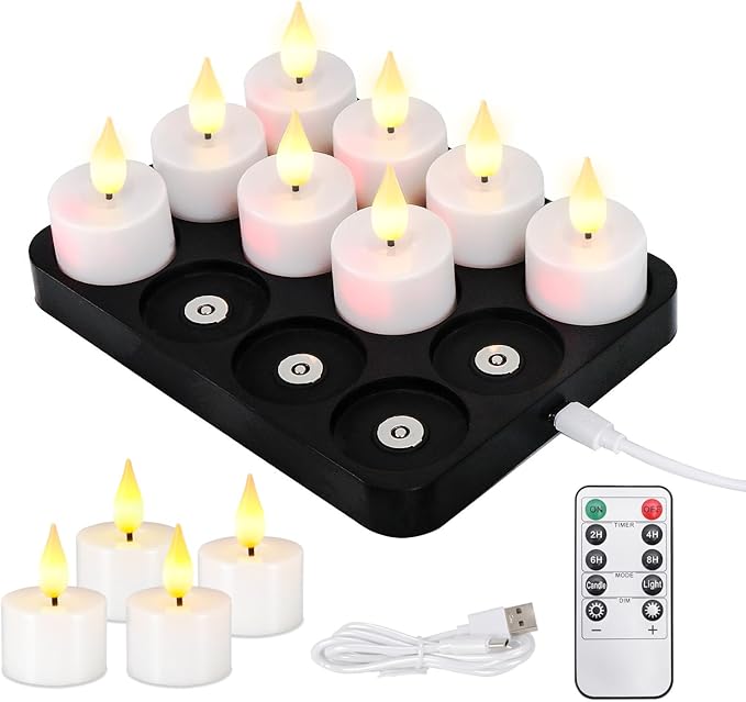 Rechargeable Candles tealights 12 Pack, Electric Tea Lights with Type-C Charging Base, 60-Hour Ultra Runtime, 2 inch Votive Candle with Remote, Ideal for Wedding Christmas Table Centerpiece