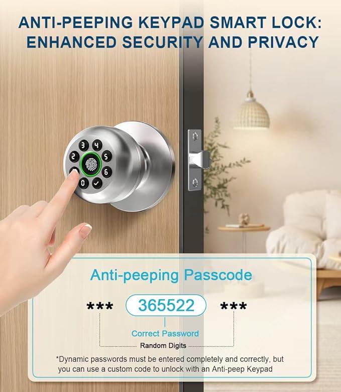 Fingerprint Door Lock, Smart Fingerprint Door Knob with Keypad, Biometric Door Lock with App Control, Auto Lock Door Lock with Code, Keyless Door Knob with Lock for Bedroom, Home-Burnished Silver
