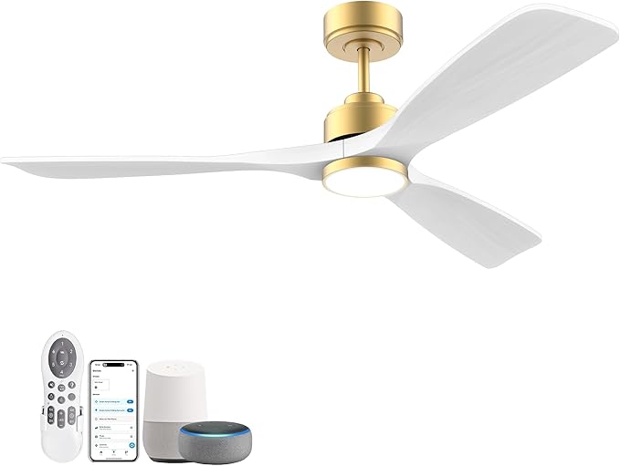 52 Inch Wood Smart Ceiling Fans with Lights Remote,Voice Control via WIFI Alexa App,Quiet DC Motor,Outdoor Indoor Ceiling Fan,Dimmable,Modern Gold White Lighting & Ceiling Fan for Bedroom Patio Porch