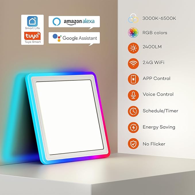 Smart LED Ceiling Light WiFi, 13in RGB Flush Mount Lighting Fixture with Remote, Compatible with Alexa Google Home, Low Profile Ceiling Light for Bedroom, Kitchen, Square White